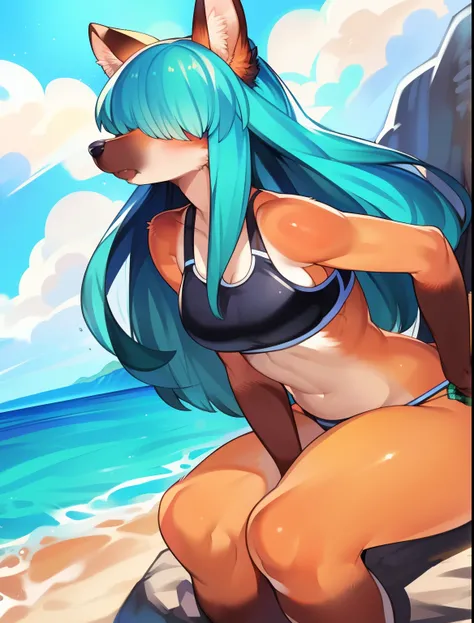 by sindoll,by suurin 2,by kishibe,by cyancapsule,by pino daeni,best quality,masterpiece,beach,palm,outside,leaning forward,hands between legs,sitting on a rock,solo,female,(athletic),(maned wolf),sports bra,bikini bottom,(hair over eyes),long hair,teal hai...