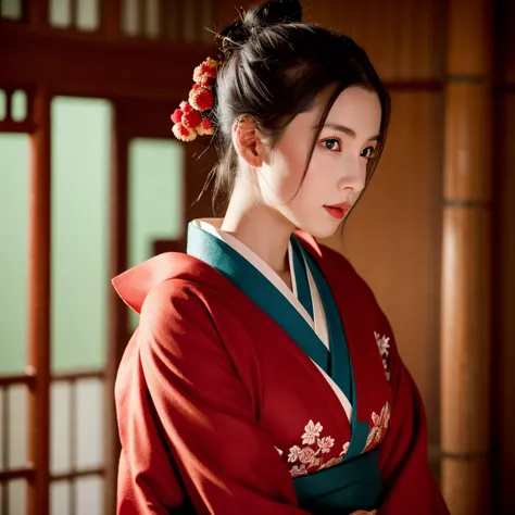 As if turning to the right、have red eyes、Her hair is tied up in a bun.、A girl wearing a beautiful red kimono