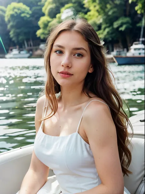 20 year old (hyper realistic)) girl with (long dark blond hair) (beautiful nose)) ((small breast size)) with (green eyes) in ((white closely elegant dress with boat neck)), a look from below on the side: 1.3, (((touching her hair))) mood for instagram, ult...