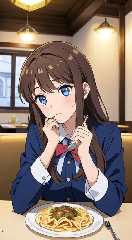 1girl, sitting on a table, in a restaurant, Blue eyes, detailed eyes, brown long hair, pretty, eating pasta with a fork, fork at her hand, wear school uniform, night, lamps, best quality, Masterpiece