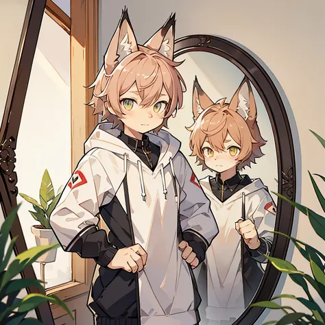 lynx boy looking at a mirror. blushing.