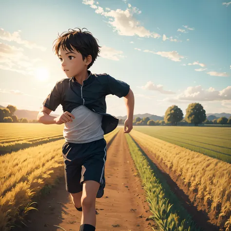 a young boy with，run in the fields