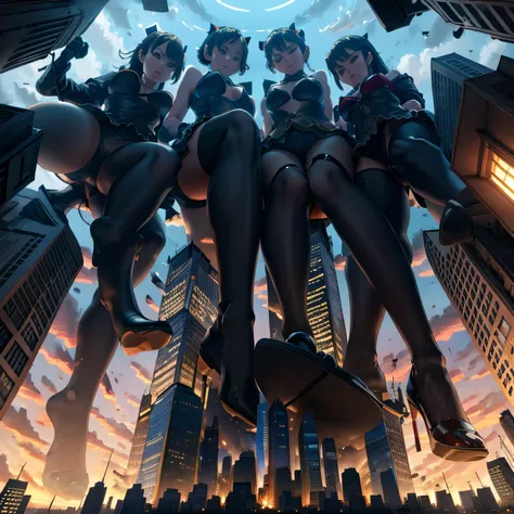 Multiple girls, giantess art, highly detailed giantess shot, der riese, Shorthair, Giant woman bigger than a skyscraper。Wearing rimless glasses。Colossal tits。Big ass。Underwear。lace bra。Lace panties。Black pantyhose、Pantyhose sole、Pantyhose Toe、hands off sho...