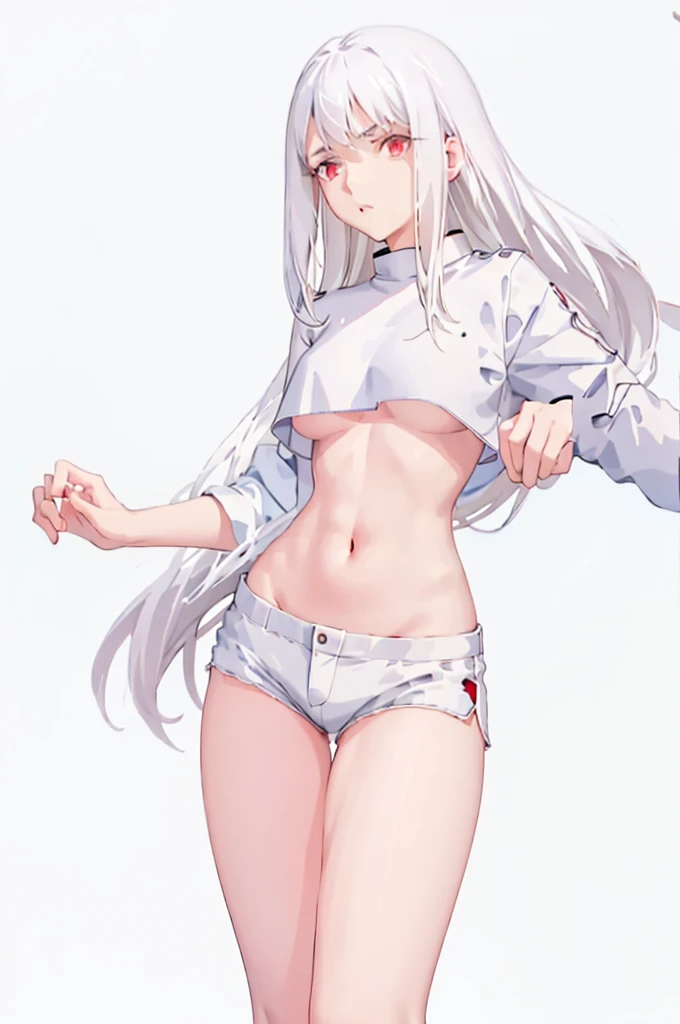 1girl, white hair, red eyes, navel, looking at viewer, hand on hip, black jacket, dolphin shorts, groin, (white shirt:1.2), braid, very long hair, wide hips, 
underboob, shirt, 
big(BodyProportions),