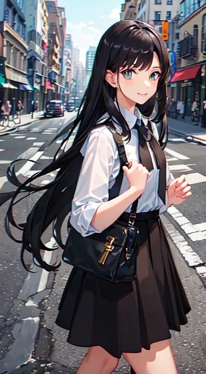 1girl, long black hair, green eyes, detailed eyes, wear school uniform, smile, closed mouth, walking, in the street, sunny day, best quality, Masterpiece