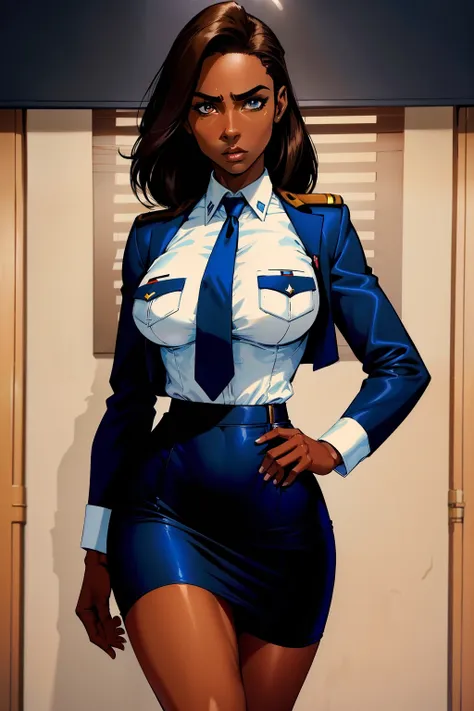 Five-fingered、1 black Female, Alafe Air Force Officer、thin and long legitness Model、abdominaletallic white shirt with breast pocket、blue jacket and pencil skirt、neck tie、Class Chapters、decoration、skin dark tanned、brown skin tone, brown skin, flawless skin、...