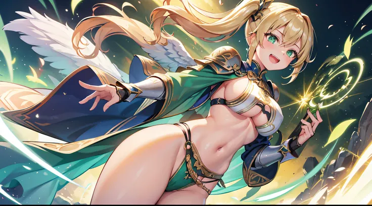 1 girl, game cg, valkyrie armor, green, angel wings, sideboob, under boob, belly button visible, thighs, loincloth, gigantic breasts, blonde, middle hair, side ponytail, green eyes, smile, open mouth, magic attack, Rays of light, simple background, dynamic...