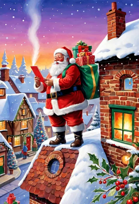 (faraway view: 1.8), christmas，(cute santa claus holding list and bag of gifts, stand on the roof，trying to climb into the chimn...