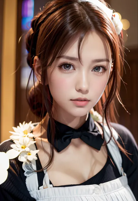 8K, of the highest quality, masutepiece:1.2), (Realistic, Photorealsitic:1.37), of the highest quality, masutepiece, Beautiful young woman, Pensive expression,、A charming、and an inviting look, Cute Maid Clothes, Hair tied back, Cinematic background, Light ...