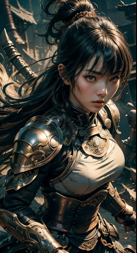 1 woman, japanese woman, 25 years old, solo focus, black hair with bangs, dark eyes, medium breasts, toned body, intricate samurai armor, battle poses, masterpiece, ultra HD, raw photos, detailed skin textures, detailed face, detailed hair, perfect hands, ...