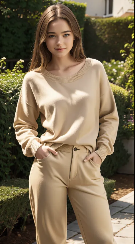 Foto hiperrealista en primer plano de Willa Fitzgerald, masterpiece, best quality, (photorealistic:1.4), (beige oversize sweater:1.1), (beige casual pants:1.2), garden, sunny day, cinematic light, beautiful woman, skinny, small breasts, straight brown hair...