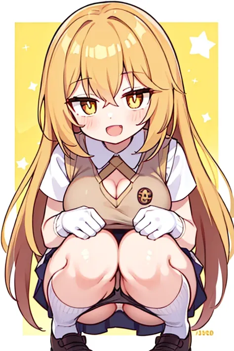 Misaki Shokuhou, Misaki Shokuhou, Blonde hair, hair between eye, Long hair, (symbol-shaped pupils:1.5), (Yellow eyes:1.5), Break Elbow Gloves, (Light brown sweater vest:1.2),white shirt, (black bra), pleated skirt, miniskirt, (Best quality, 8k, 32k, Master...