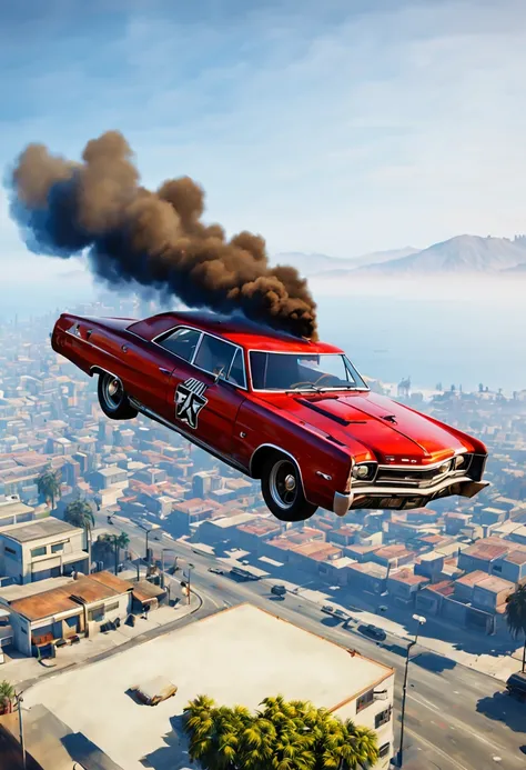 (gta art, gtav style:1.2), a car  floating with smoke, bombing, dirk crabeth, david rudnick, concept art, hyperrealism, enhance,...