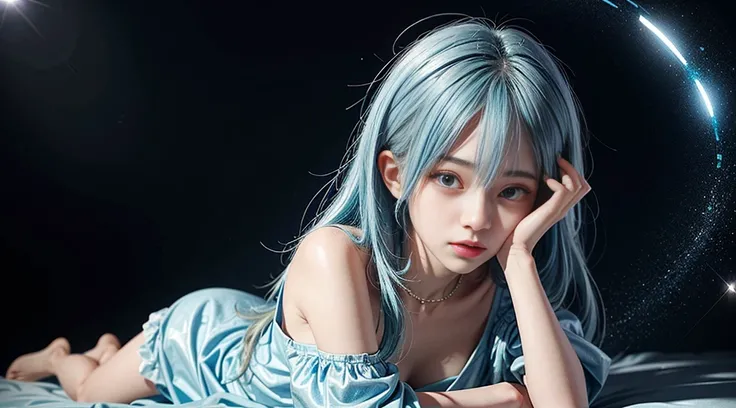 Best AI Image Generation Creator，masutepiece，lightblue hair，large round eyes，Starinirai、cute little，glitter liquid dress，Lie down、Halation、Sunlight