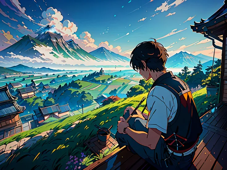 actual, reallife, A man sitting on the roof looking at the mountains in the distance, Greg Rutkowski (Greg Rutkowski) Xin Haicheng  depicted in great detail (Makoto Shinkai) Kyoto Animation Key Art Male Mid Shot, Laurie Greasley style, by Ghibli Studio, Ak...