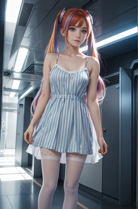 cute redhead with rainbow colored hair tips, ribbons in her hair, 18-year-old woman, happy, in twin tails, perfect symmetrical eyes, clear sparkling blue eyes, pale skin, silky smooth skin, standing on a fancy metal luxurious space ship, futuristic corrido...