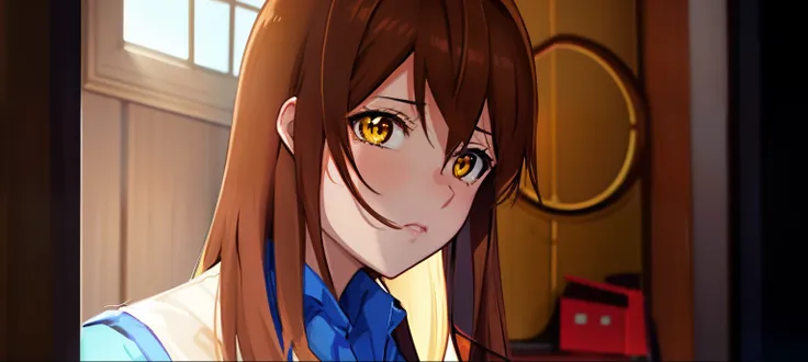 anime girl with long brown hair and yellow eyes in a room, still from anime, still from tv anime, anime, close up of a young anime girl, close up, anime visual of a cute girl