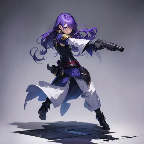 （Religious Priesthood）、Full body depiction、（Stand on a devastated battlefield）、Standing alone、（（infp young woman））、semi long hair、Sharp eyes、（Veteran Hero）、The ultra -The high-definition、（（Sisters Costume））、Handguns in both hands、inner colored、purple color...