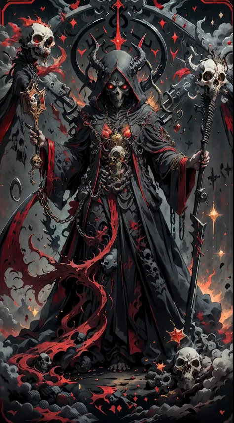 offcial art，hell demon，black robe，（shinigami ), (red theme:1.1), golden theme, scythe, dark star,skull pile, skeleton body，unhol...