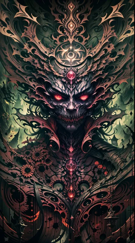 explosive, otherworldly painting of a shape-shifting deity adorned with chaotic dark soul motifs and omnipresent, piercing eyes,...