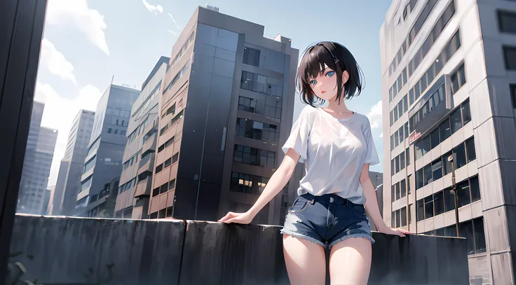 1个giant breast girl, with short black hair, eblue eyes, wearing a plain transparent white shirt, denim short, 城市, absurd res, a ...