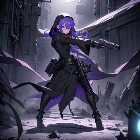 （（Black nun costume））、（Looking back at the camera）、Full body depiction、（Stand on a devastated battlefield）、Standing alone、（（infp young woman））、semi long hair、Sharp eyes、（Veteran Hero）、The ultra -The high-definition、Handguns in both hands、inner colored、purp...