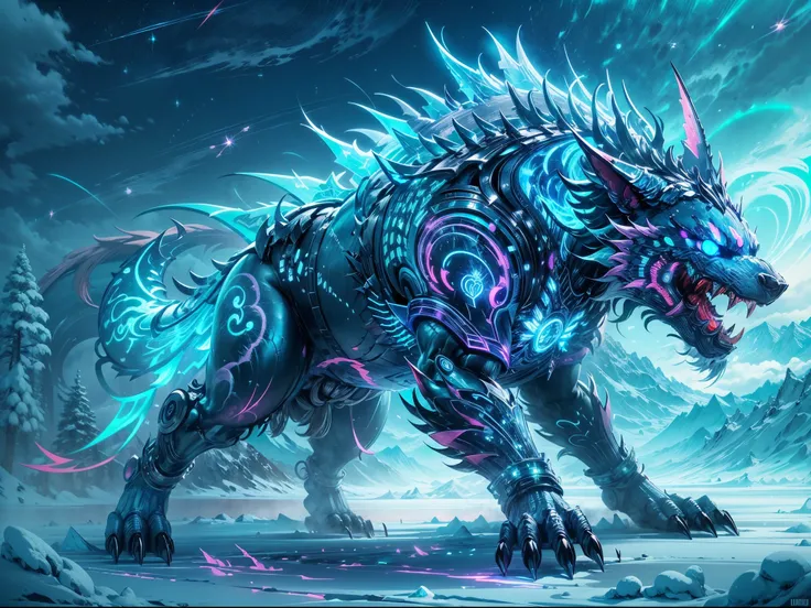 Metal Garurumon,best quality,ultra-detailed,metallic sheen,masterpiece:1.2,technological,blue color scheme,sharp focus,powerful and majestic,howling at the moon,in a snowy mountain peak,glowing electric blue eyes,sharp fangs,imposing metallic body,blue ene...