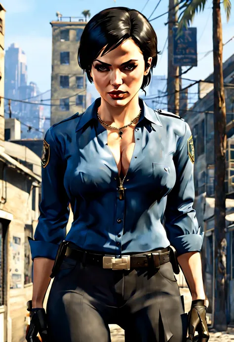 (gta art, gtav style:1.2), 1girl, solo, hips up, black hair, short hair, longsleeve blue shirt, belt, pants, police, cleavage, (...