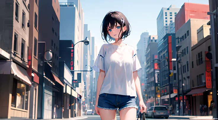 1个giant breast girl, with short black hair, eblue eyes, wearing a plain transparent white shirt, denim short, 城市, absurd res, a ...