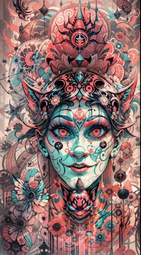 Explosive, otherworldly painting of a shape-shifting deity adorned with IT motifs and omnipresent, piercing eyes, a breathtaking amalgamation of fine art and captivating photo collage, mesmerizing poster design:: their appearance exuded the enigmatic allur...