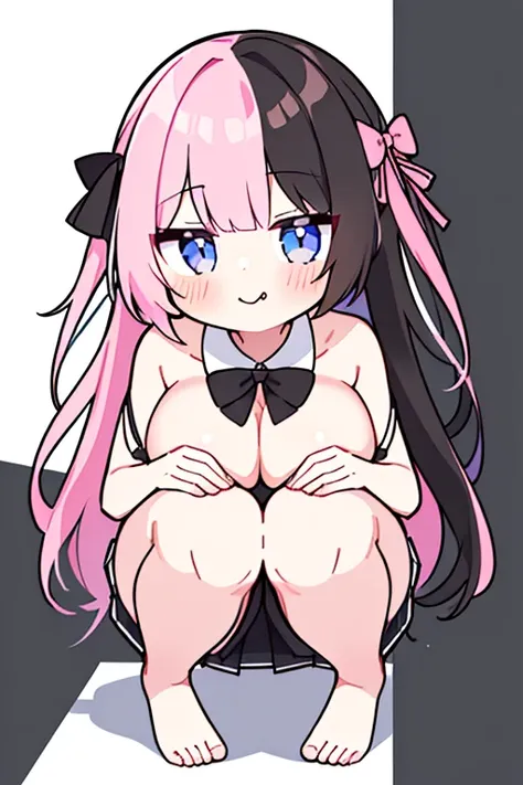 TachibanaHinano, Long hair, (split-colored hair, Black hair, Pink hair:1.3), Blue eyes, bow ribbon , White shirt, (Black bra), Pleated skirt, Miniskirt, cleavage cutout, pantiy_pull, (top-quality、8K、32K、​masterpiece、nffsw:1.3)、1girl in、(Solo)、(slender figu...