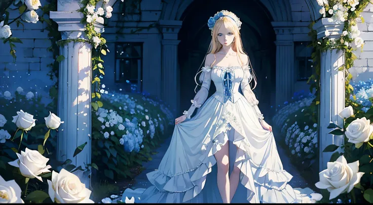 A hauntingly beautiful women with pale milky white skin, blond hair, bright blue eyes, in a blue Victorian dress, standing in a garden of white roses dripping in blood.