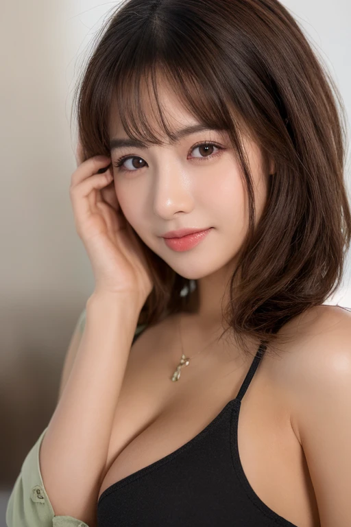 ((Best picture quality, 8K, tmasterpiece:1.3)), 1girll, 纤细美女:1.3, (Casual hairstyle, No leakage of big breasts:1.5)，nice breasts，Natural breastig assa，1.3），black color dress:1.2, Ultra-fine face, A detailed eye, 二重まぶた，ssmile，The upper part of the body，hand...