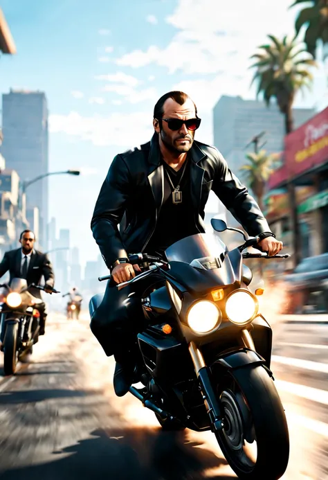 (GTA art, gtav style:1.2), trinity,matrix,black clothes,sunglasses,motorcycle, (motion blur:1.4), wind, enhance, intricate, (best quality, masterpiece, Representative work, official art, Professional, unity 8k wallpaper:1.3)