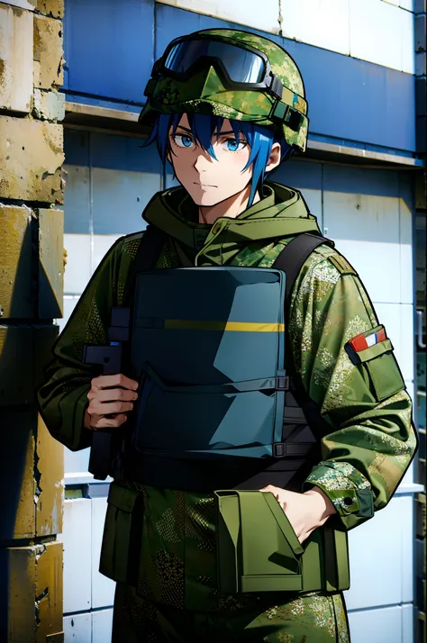 Empty-handed male combat medic with dense, messy and unkempt blue hair, wearing camouflage combat helmet