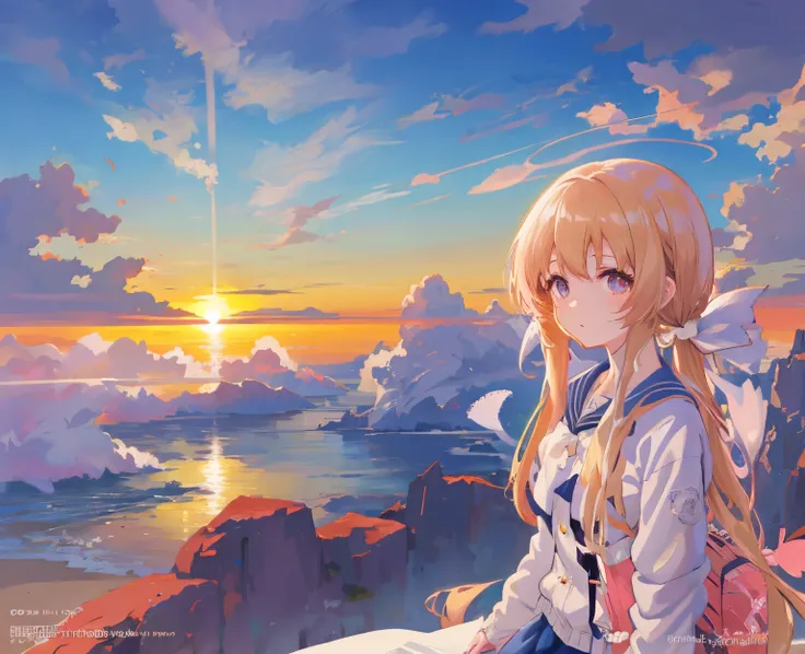 anime girl standing on a cliff overlooking the ocean at sunset, watching the sun set. anime, anime. soft lighting, 4k anime wall...