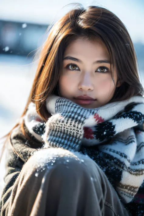 (8k, best quality, masterpiece, ultra highres:1.2) Photo of Pretty Japanese woman
 in the (style of paul rubens and rebecca guay:1.1) (melancholy winter snow:1.4)