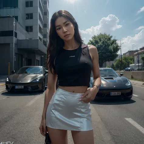 A woman with flowing Asian hair, wearing a transparent muscle shirt, a short skirt, and smartwatch, is standing on the roadside, with a supercar parked beside her. Above them is a breathtaking skyscraper, and the scene is enhanced by 3D imagery and clouds....