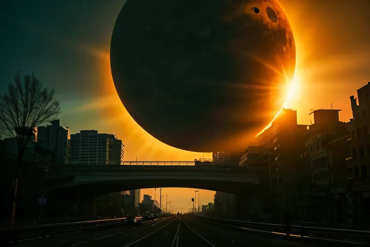 Giant Sun、sun approaching earth、Temperatures will rise and humans will no longer be able to live there、the sun is approaching、In the、Realistic image、cities are disappearing、Scary images