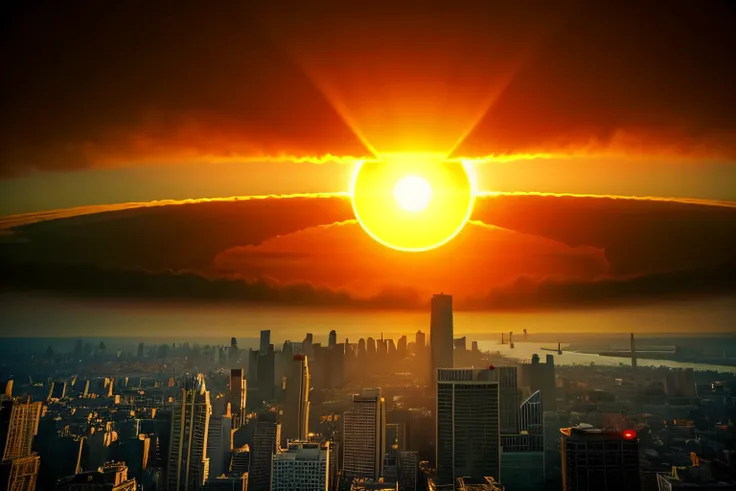 Giant Sun、sun approaching earth、Temperatures will rise and humans will no longer be able to live there、the sun is approaching、In the、Realistic image、cities are disappearing、Scary images