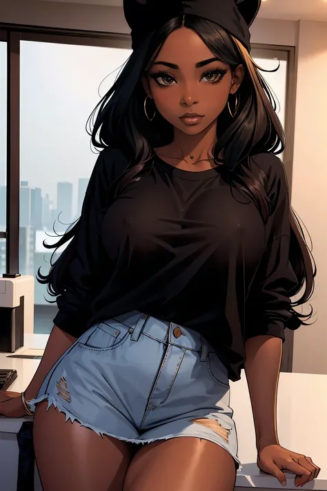 Dark skin young woman in an oversized fuzzy fitted shirt, long black hair