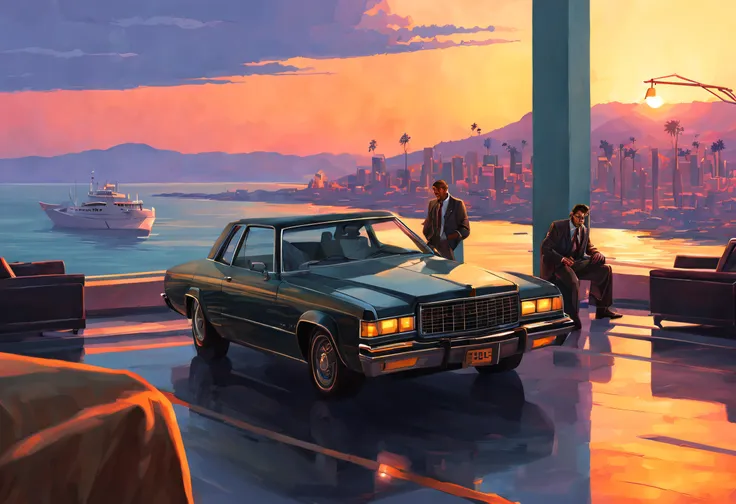 gta vice city loading screen style, group of gangsters, platinum jewelry, diamond rings, in a luxuous hotel lobby, sunset, arrog...