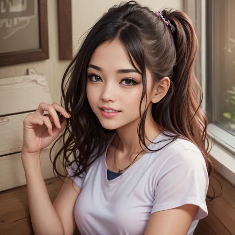 (higher resolution, distinct_image) The best quality, a woman, masterpiece, highly detailed, semi realistic, 21 years old, beautiful, young, handsome, t-shirt, lilac shirt pulled, collar on neck, interior, modern room, window, wake up, morning, blush, smil...