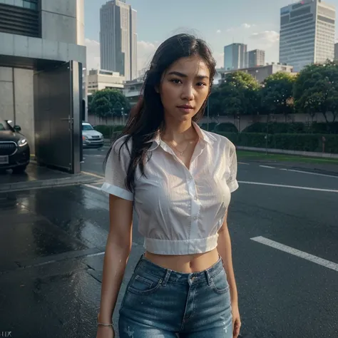 Asian woman with smooth hair, Wear a clear shirt., short pants, and wear a smart watch,wet, standing on the roadside, with a supercar parked next to her. At the top are amazing skyscrapers.., and scenes enhanced with 3D graphics and clouds... 

(bestqualit...