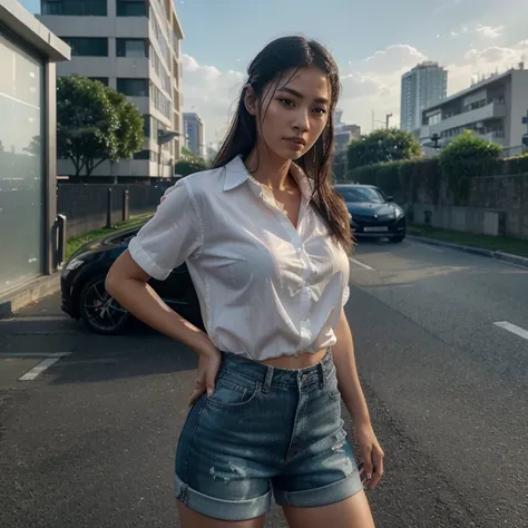 Asian woman with smooth hair, Wear a clear shirt., short pants, and wear a smart watch,wet, standing on the roadside, with a supercar parked next to her. At the top are amazing skyscrapers.., and scenes enhanced with 3D graphics and clouds... 

(bestqualit...