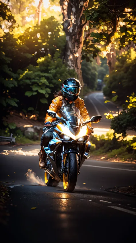 there  a man riding a motorcycle down a street with a helmet fullface, picture of a female biker, riding a motorcycle, riding a futuristic motorcycle ( blue, red, white, yellow), motorbiker, biker, photoshot, riding on the road, picture of a male biker, ri...