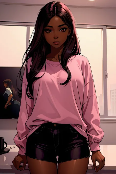 Dark skin young woman in a soft oversized fitted pink shirt, long black hair