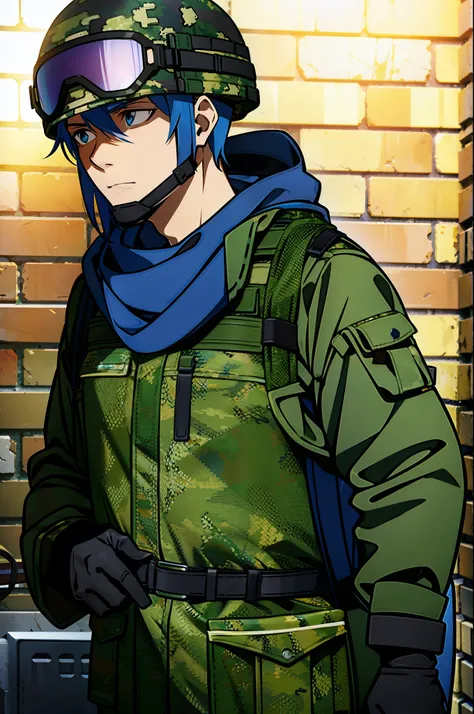 Male combat medic with unkempt blue hair, wearing camouflage combat helmet and scarf covering his neck, carrying a bag on his back