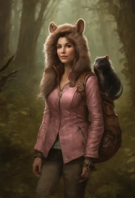 真实感, dark fantasy style, John Tolkien style, Small painting by Jean-Baptiste Monge, fluffy gopher girl with big breasts and big ears, looks like a gopher girl, Wearing a short pink leather jacket....., Jeans, Standing next to a motorcycle, woods, Forest Tr...