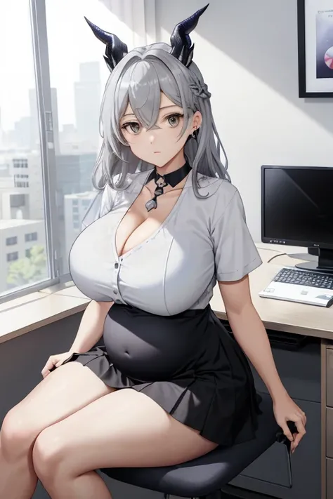 Silver Wolf， Horn Demon Star Orbit， 1girll， 独奏， （（white  shirt））， black thighhigns， nedium breasts，， 校服， office backdrop， a black skirt， pleatedskirt， office room， hair between eye， hair adornments，big cleavage breasts， long whitr hair， looking at viewert，...